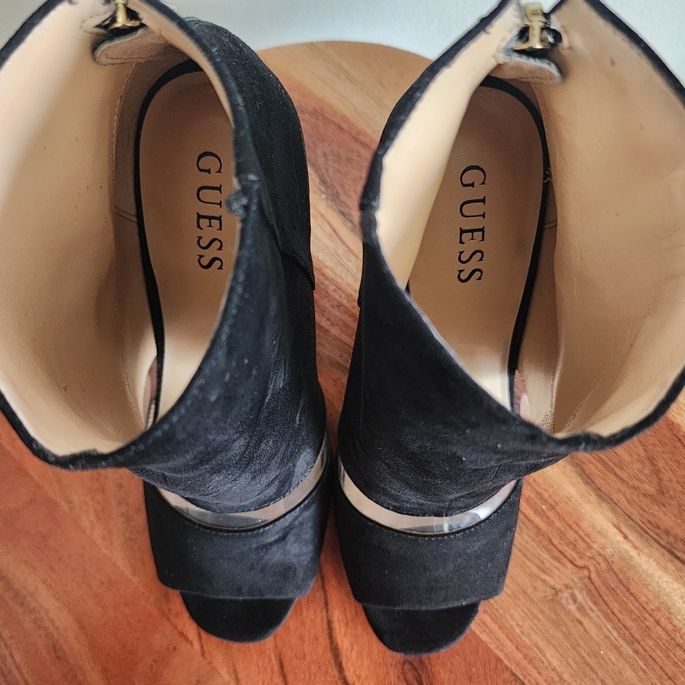 Guess Peep Toe Booties In Black Suede And Clear PVC Size 7.5 - Picture 10 of 11
